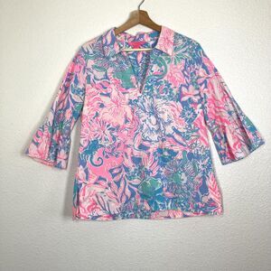 Lilly Pulitzer Floral Shirt Womens Medium Pink Blue Sea Life Bell Sleeve Tunic